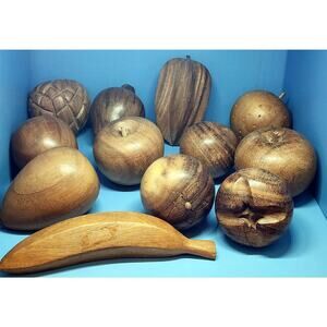 Vtg Retro MCM Wooden Fruit Veggie Lot Hand Carved 12 Pieces Banana Apple & More